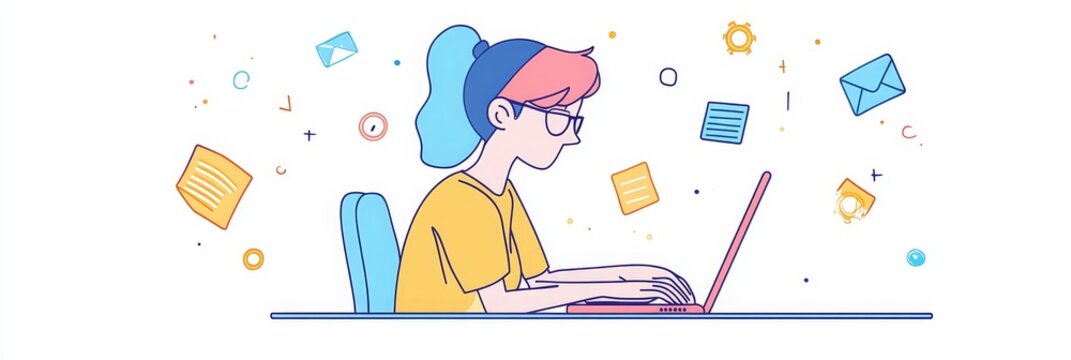 recommend clip art: A woman is focused on her work, typing on a laptop while surrounded by email notifications, task reminders, and other digital distractions. She is wearing glasses and a casual outfit, suggesting she i