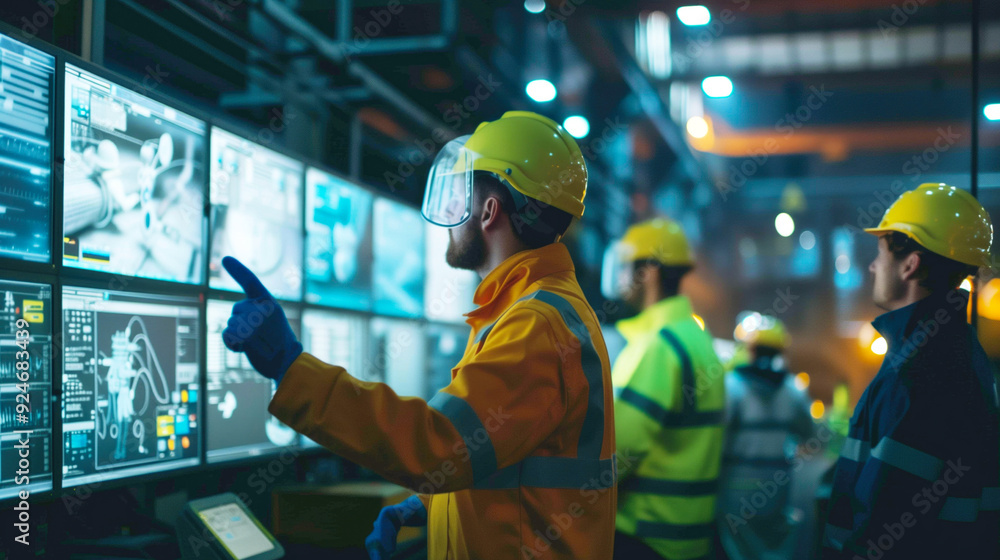 Poster engineers in safety gear analyzing data on multiple screens in a high-tech industrial facility. conc