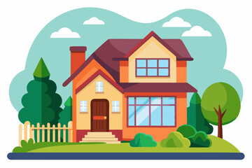 Naklejka premium Two-story suburban house with a front yard, trees, and a fence