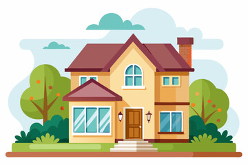 Two-Story House with Red Roof and Green Trees