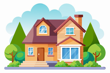 Cartoon Illustration of a Two-Story House with a Brown Roof and Green Trees