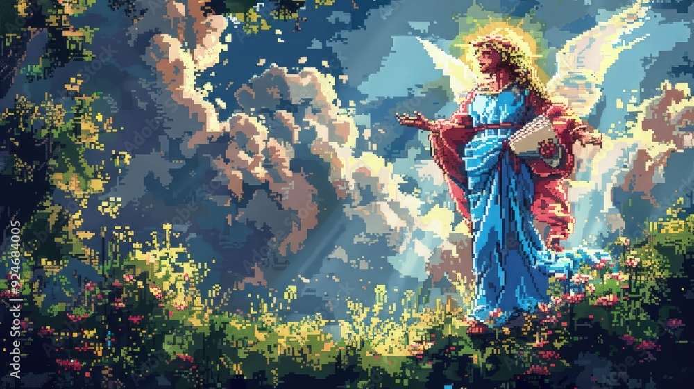 Wall mural Christian religious background in colorful pixel-art style.