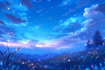 Blue sky with shooting stars, clouds, grass, and trees. Anime or cartoon style digital art illustration of a night sky