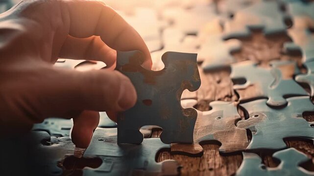 Hand placing final puzzle piece, completing the picture. Concept of teamwork, success, and problem-solving.