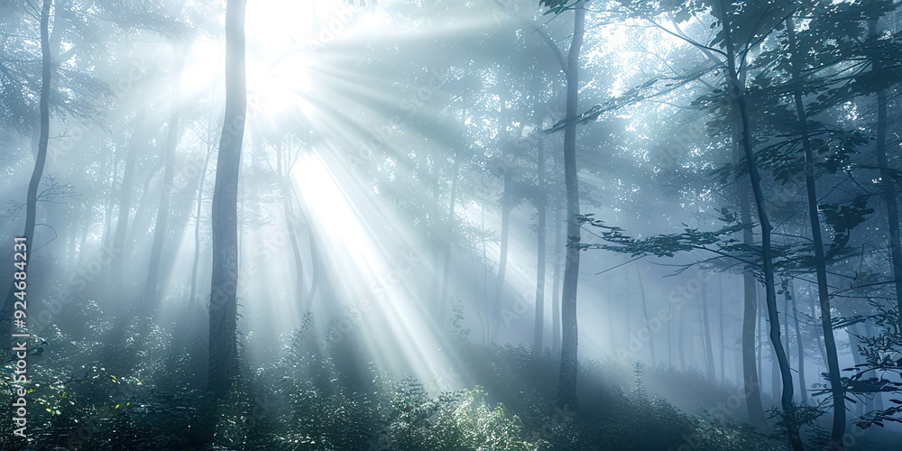 Poster Fog in the forest with rays of light