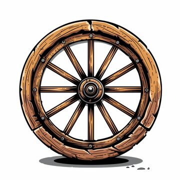 recommend clip art: A flat vector of a Western wagon wheel, rendered in a simple, flat design with pop art flair. The wheel is depicted in a rich brown color with black detailing, outlined in bold black lines, and