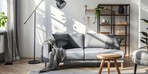 Cozy grey furniture with wooden shelving unit and black lamp in a bright living room
