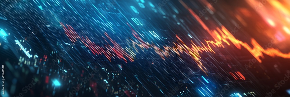 Poster abstract digital data visualization with lines, glowing dots, and a red and orange wave pattern. the