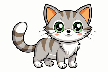 Obraz premium Cartoon Gray Tabby Cat with Big Green Eyes and a Striped Tail