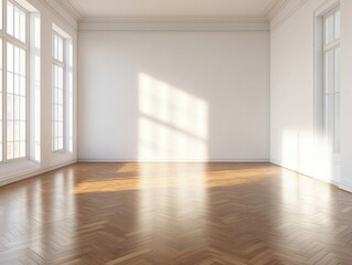 A large room with a white wall and wooden floors