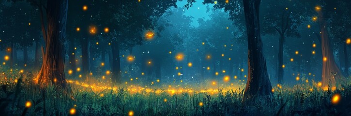 Fototapeta premium Enchanted Summer Night Forest Aglow with Fireflies, a Starry Anime-Style Canvas of Nature's Bioluminescent Dance, storybook illustrations, comic strips, book illustrations and picture books,Abstract
