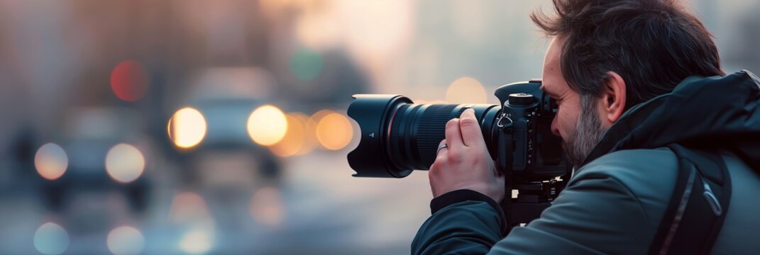 A photographer on city streets, intensely focused on capturing highlights of an urban landscape with a sunset backdrop using a professional camera.
