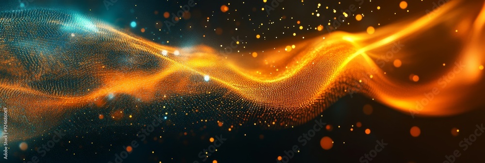 Poster an abstract image featuring a dynamic wave of energy in orange and blue hues, with a subtle sparkle 