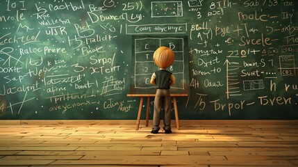 3D clipart of a teacher at a chalkboard with math equations, ultra-sharp and clear
