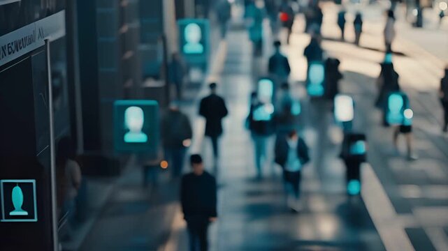A crowd of anonymous people walk down a city street, with digital faces superimposed over them, representing facial recognition technology.
