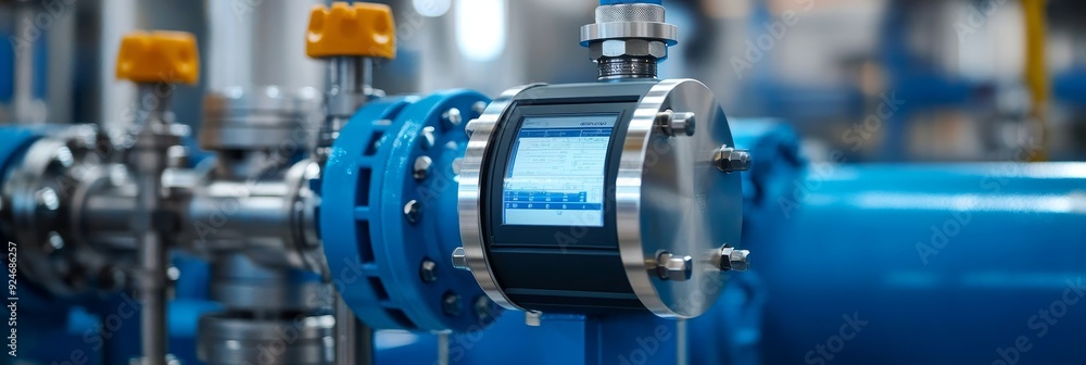 Poster an industrial flow meter with a digital display, measuring the flow rate of a fluid in a pipe, part 