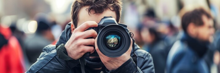 A photographer capturing vibrant moments in a public setting amidst a crowd, highlighting human interaction and city life through a camera lens.