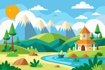 Fototapeta premium Idyllic Mountain Landscape with a Cottage by a River