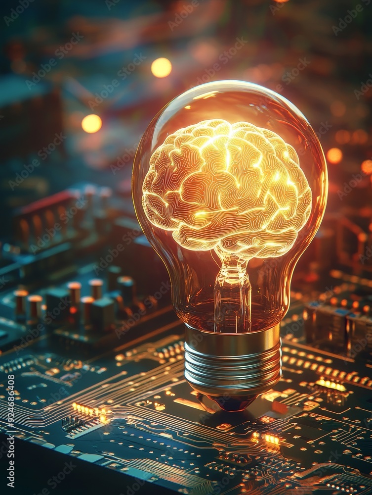 Aufkleber an illuminated brain inside a lightbulb, representing the power of artificial intelligence and its p