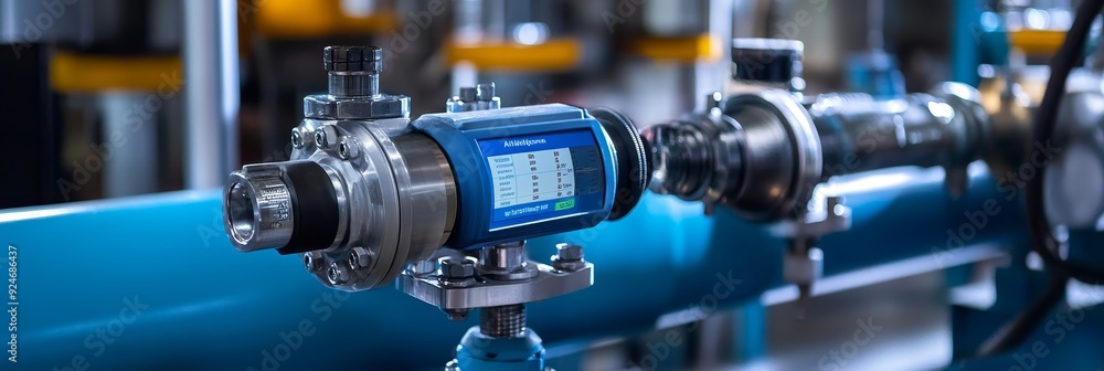 Poster close-up of a flow meter gauge with digital display, showing industrial process control, precision m