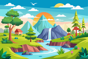Idyllic Mountain Landscape with Waterfall, River, and Lush Greenery