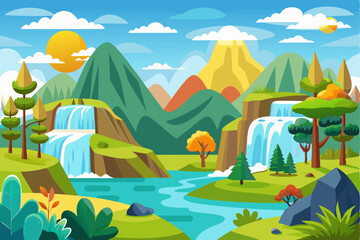A Picturesque Landscape with Two Waterfalls and a Winding River