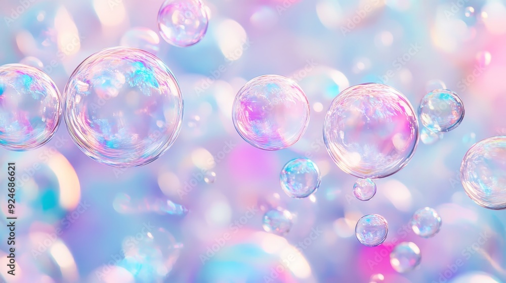 Poster colorful soap bubbles with iridescent colors floating against a soft pastel background. this image r