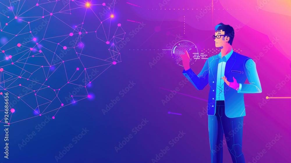Poster a young professional engages with a holographic display of data visualizations in an abstract enviro