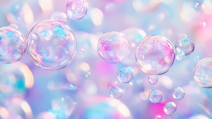Colorful soap bubbles with iridescent colors floating against a soft pastel background. This image represents dreams, playfulness, and delicate beauty.