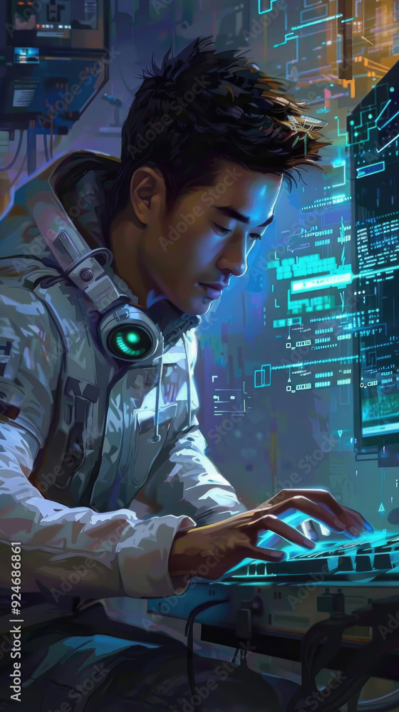 Poster young man immersed in coding, surrounded by vibrant digital displays in a modern workspace