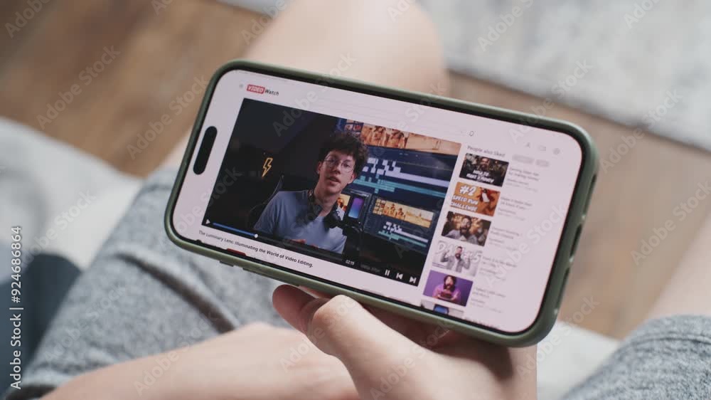 Poster video sharing platform with blogger content about video editing displayed on smartphone screen. clos