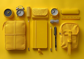 Fototapeta premium A clean and minimalistic composition of school supplies on a yellow background