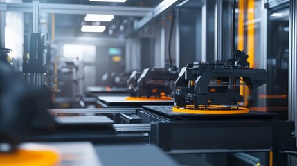 Industrial automation concept with 3D printing machines producing products on a conveyor belt.  Symbolizing technology, innovation, manufacturing, future, and efficiency.