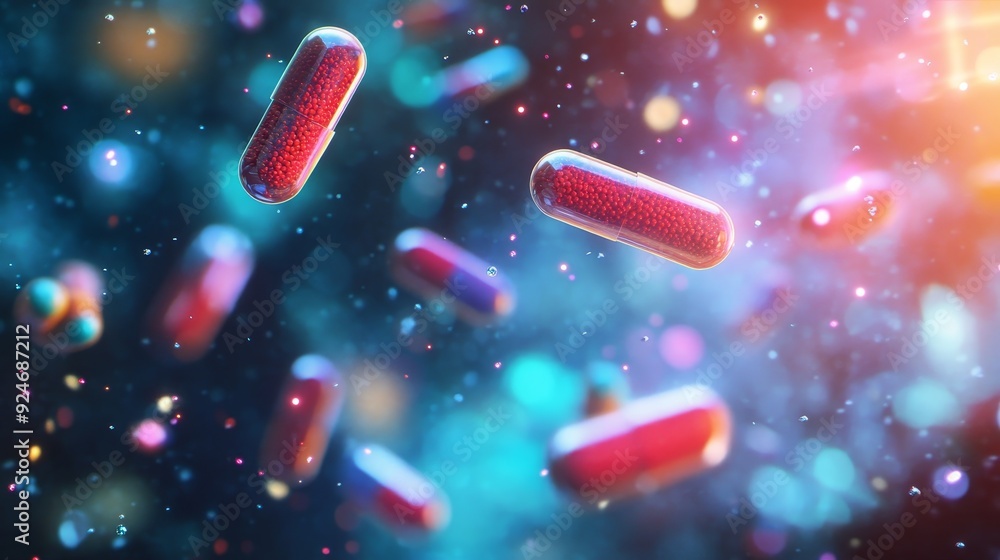 Aufkleber red pills falling through a blue and orange background with bokeh effect. this image symbolizes medi