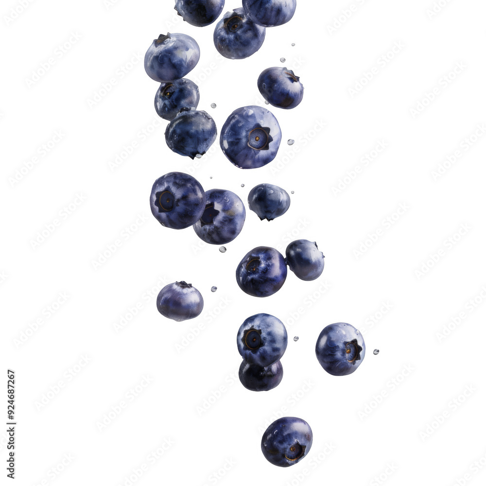 Poster Falling blueberris isolated on white background or transparent