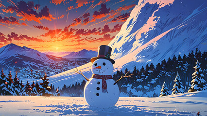 Fototapeta premium sunset view in winter. snowman in the mountains