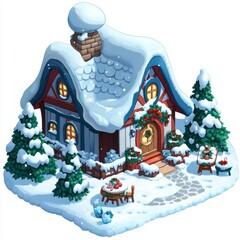 Isometric Christmas Cartoon House in different colors with Snow-Covered Trees and Blue Decorations