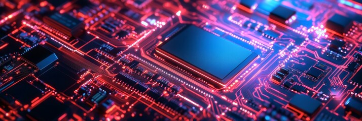 Fototapeta premium The image captures the intricate complexity of a circuit board, showcasing red and blue glowing lines that symbolize the flow of data, the heart of technology, the interconnectedness of information, a