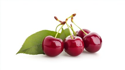 Fresh Ripe Cherries Isolated on White Background with Green Leaf Detail and Water Droplets