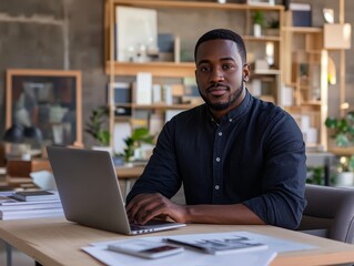 African american architect working at desk with laptop in a creative office environment