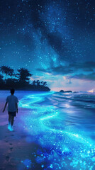 Fototapeta premium A person strolls on a sandy beach while vibrant blue waves sparkle under the night sky filled with stars