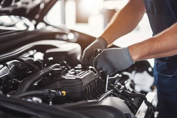 Fototapeta premium Mechanic s hands repairing car engine with wrench in garage car service concept