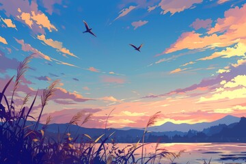 Tranquil Sunset Landscape with Flying Birds over Lake and Mountain Range