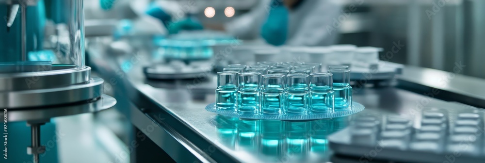 Poster this image depicts a laboratory setting with test tubes filled with a clear blue liquid. the image s