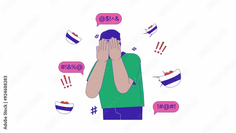 Aufkleber hiding behind hands arab man surrounded by mockers line 2d character animation. mockery flat color c