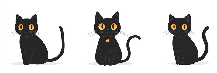 Three adorable black cats with large yellow eyes sitting in different poses. They symbolize cuteness, playfulness, companionship, and Halloween spirit.