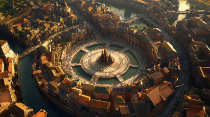 A medieval European city with a central circular design and waterways dividing the sections,
