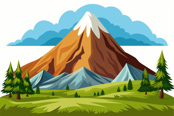 Mountainous Landscape with Snow-Capped Peak and Evergreen Trees