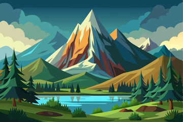 Mountainous Landscape with a Lake and Pine Trees