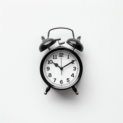 Vintage black alarm clock displaying 10:10 on a white background, symbolizing time management, punctuality, and routine.